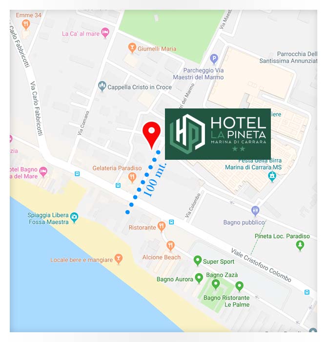 Google Map dofi Hotel La Pineta, distance from the Sea and Carrara Fiere